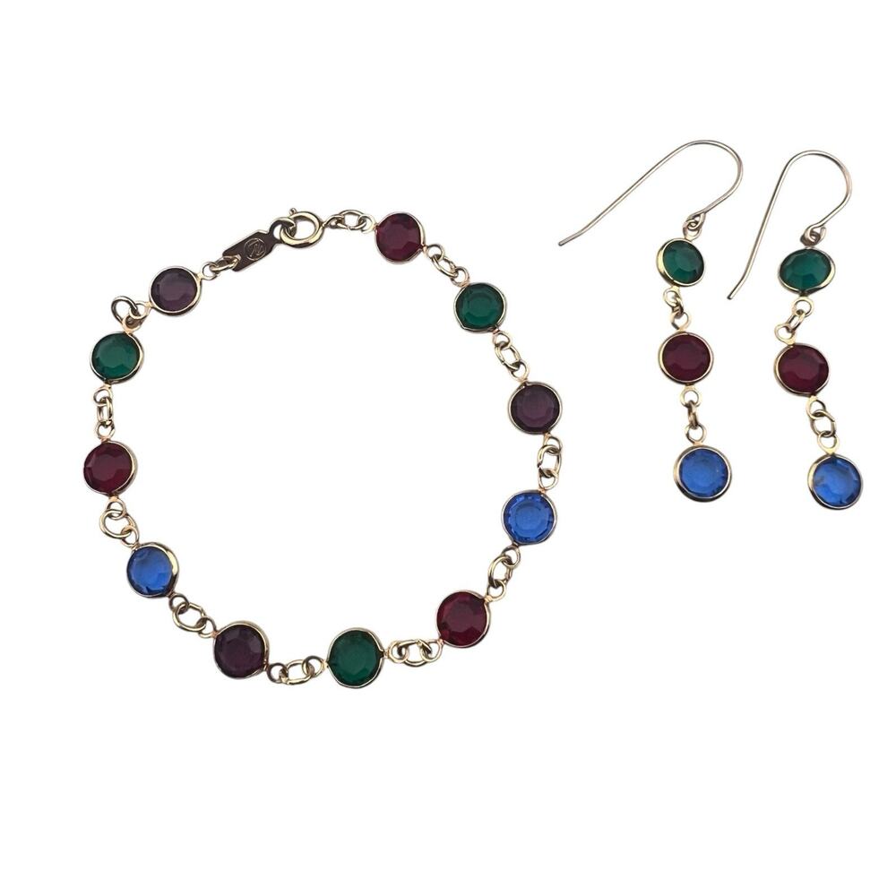 Swarovski Vintage Gold Tone Bezel Set 7" Bracelet Multicolor Crystals & Earrings